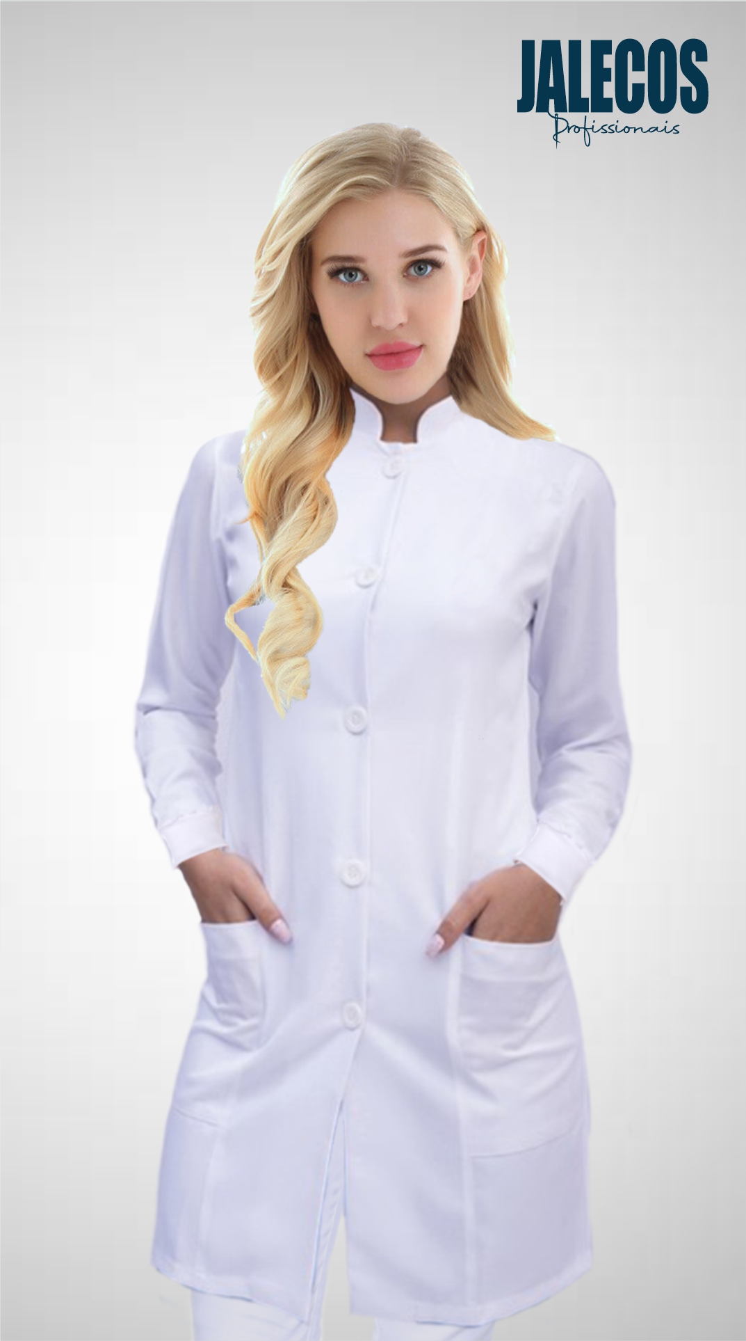 Jaleco Feminino Branco Gola Padre Botões