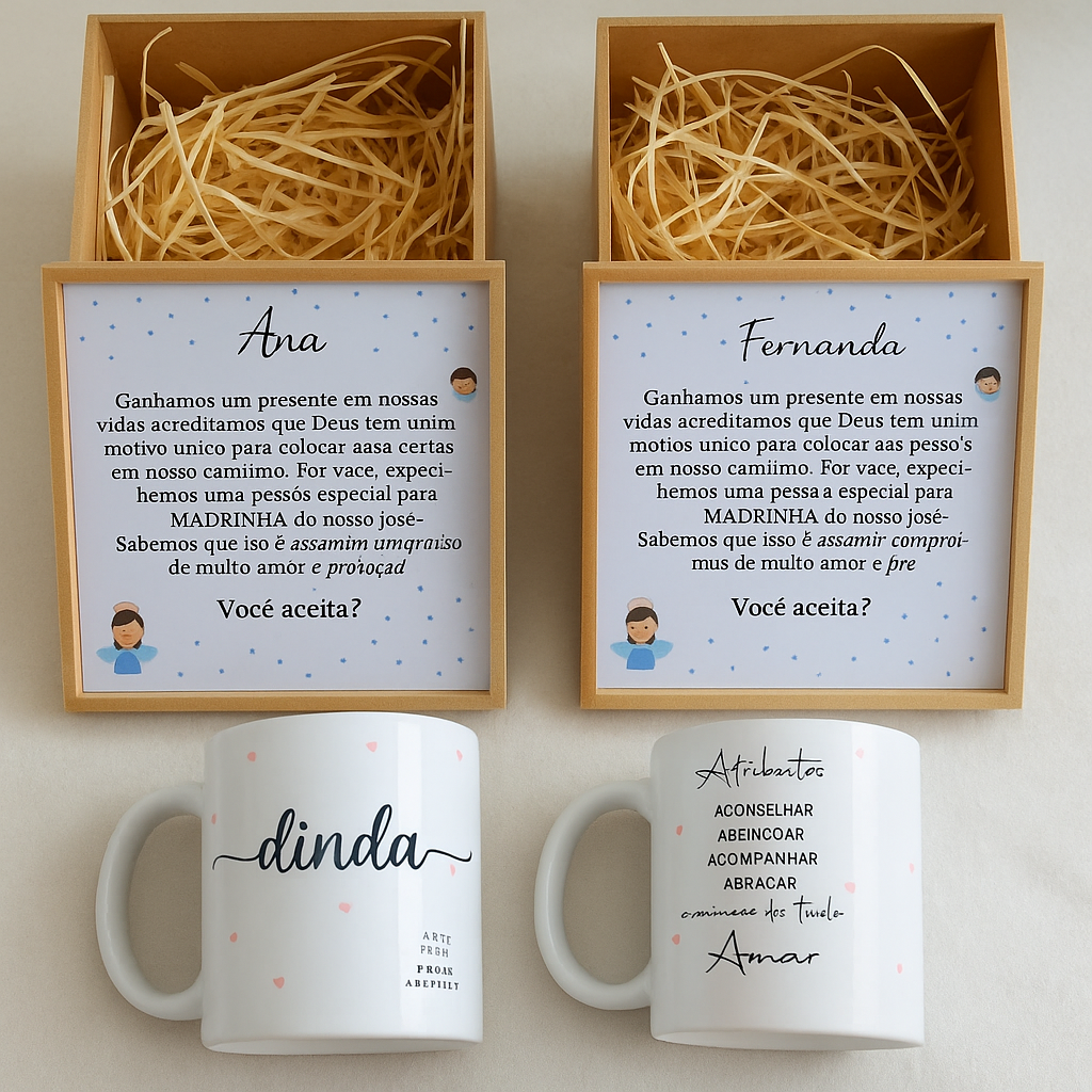 Kit Canecas para Dindos com Caixa MDF e Palha Decorativa