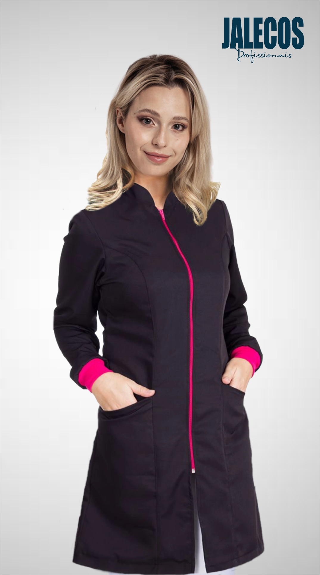 Jaleco Feminino Preto com zíper e punho pink