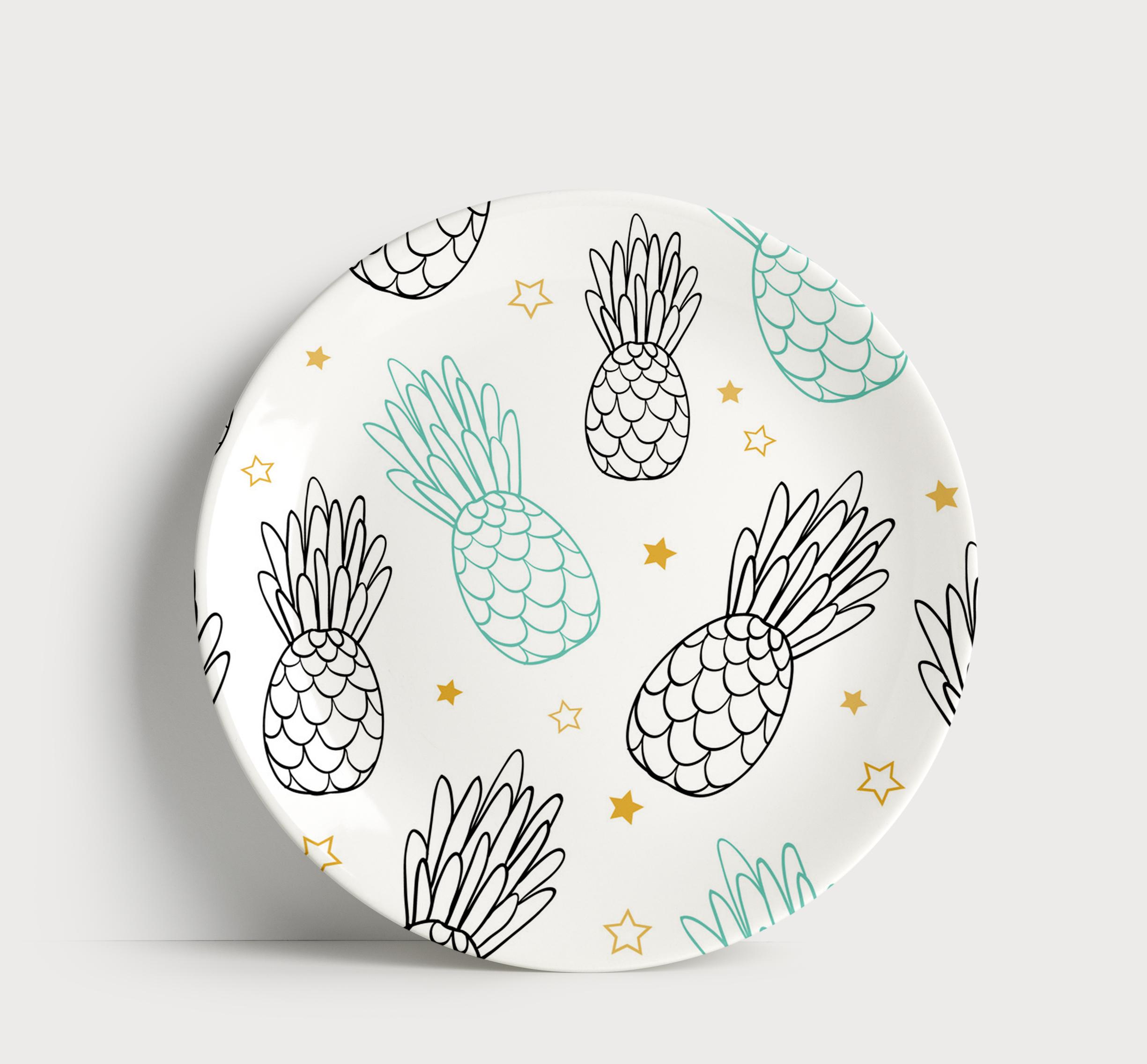 Prato Porcelana Abacaxi Desenho Minimalista Menta Decorativo