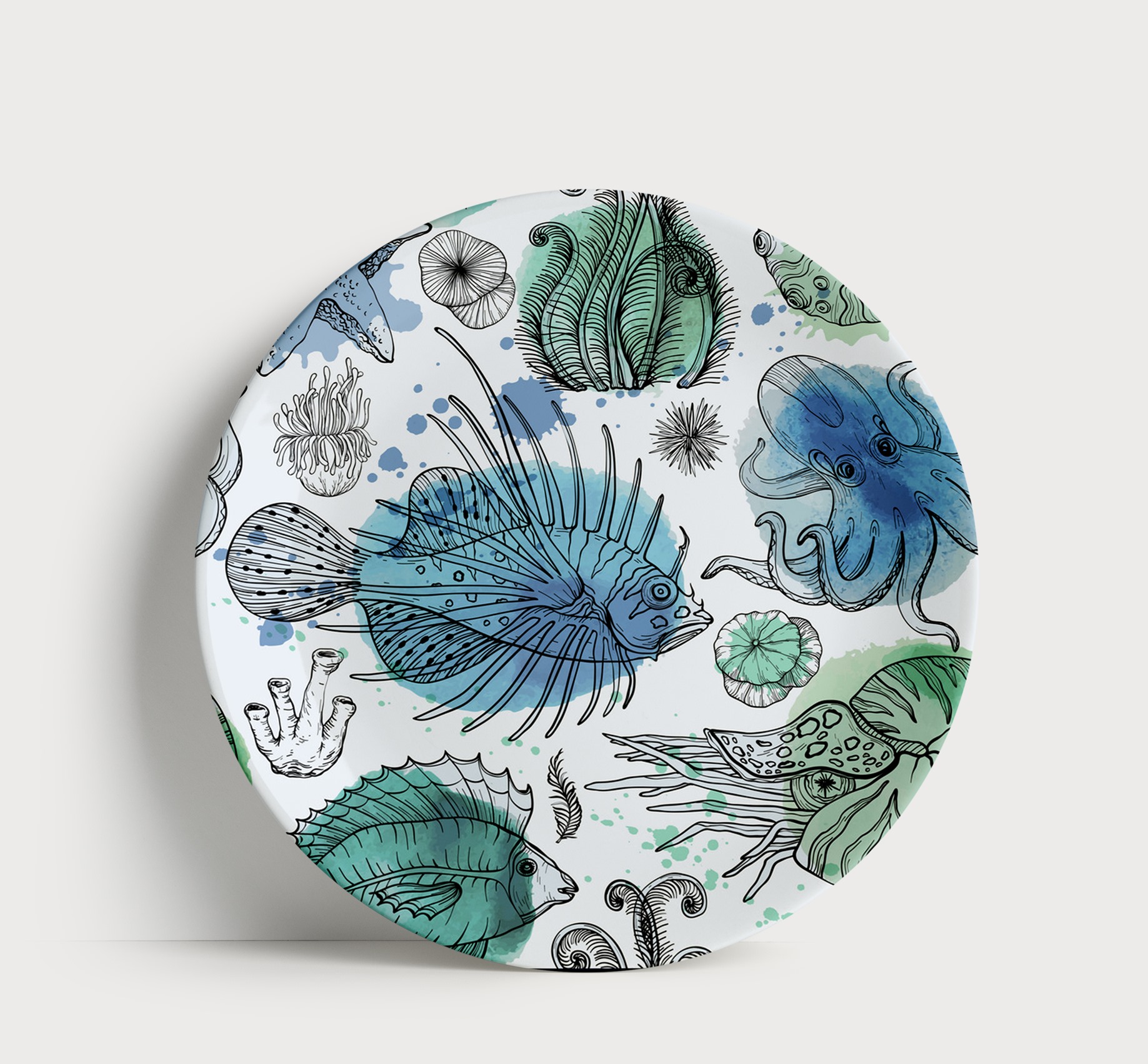 Prato Porcelana Fundo do Mar Peixe Polvo Ilustração Coastal