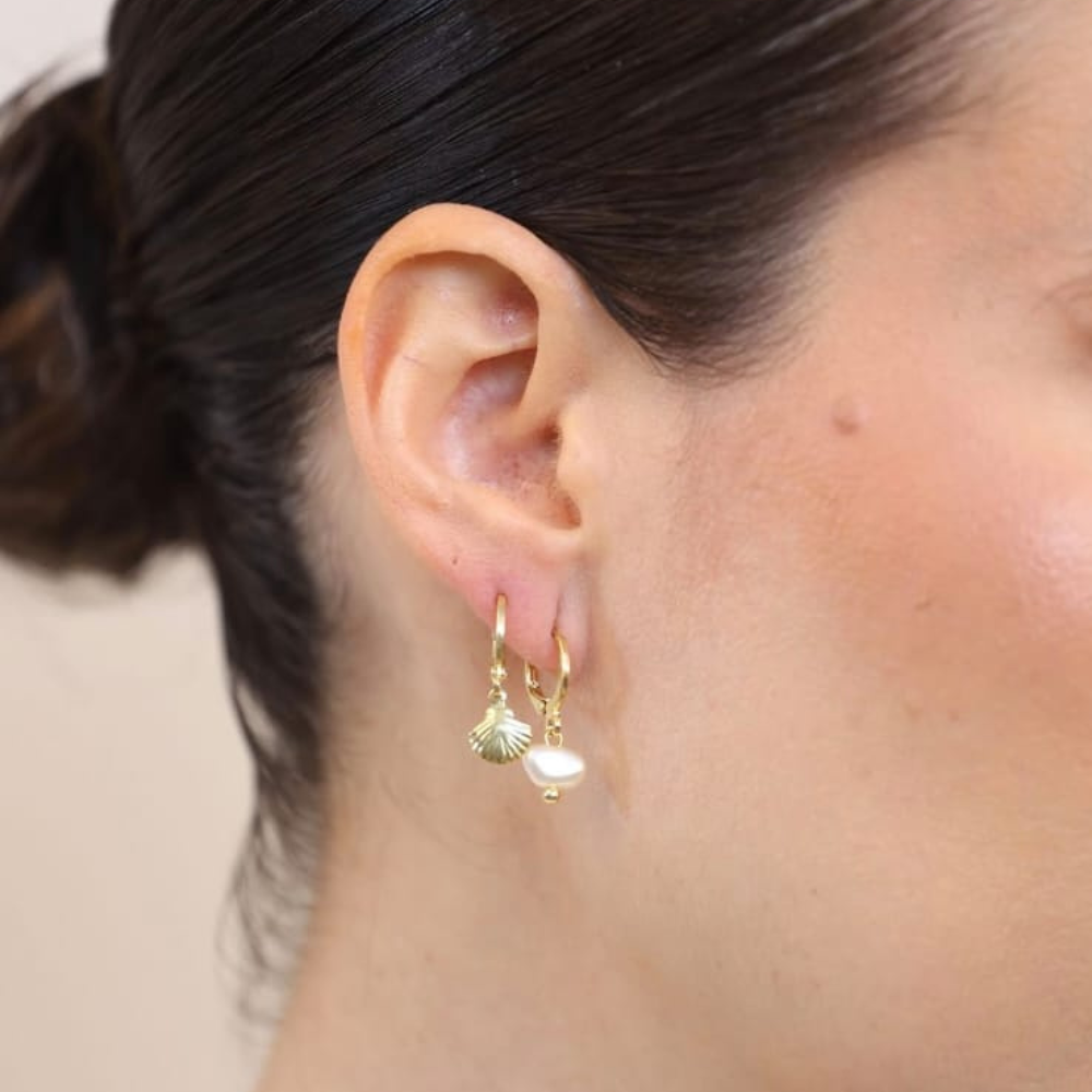 Kit de brincos Amanda pérola e concha ouro 18k