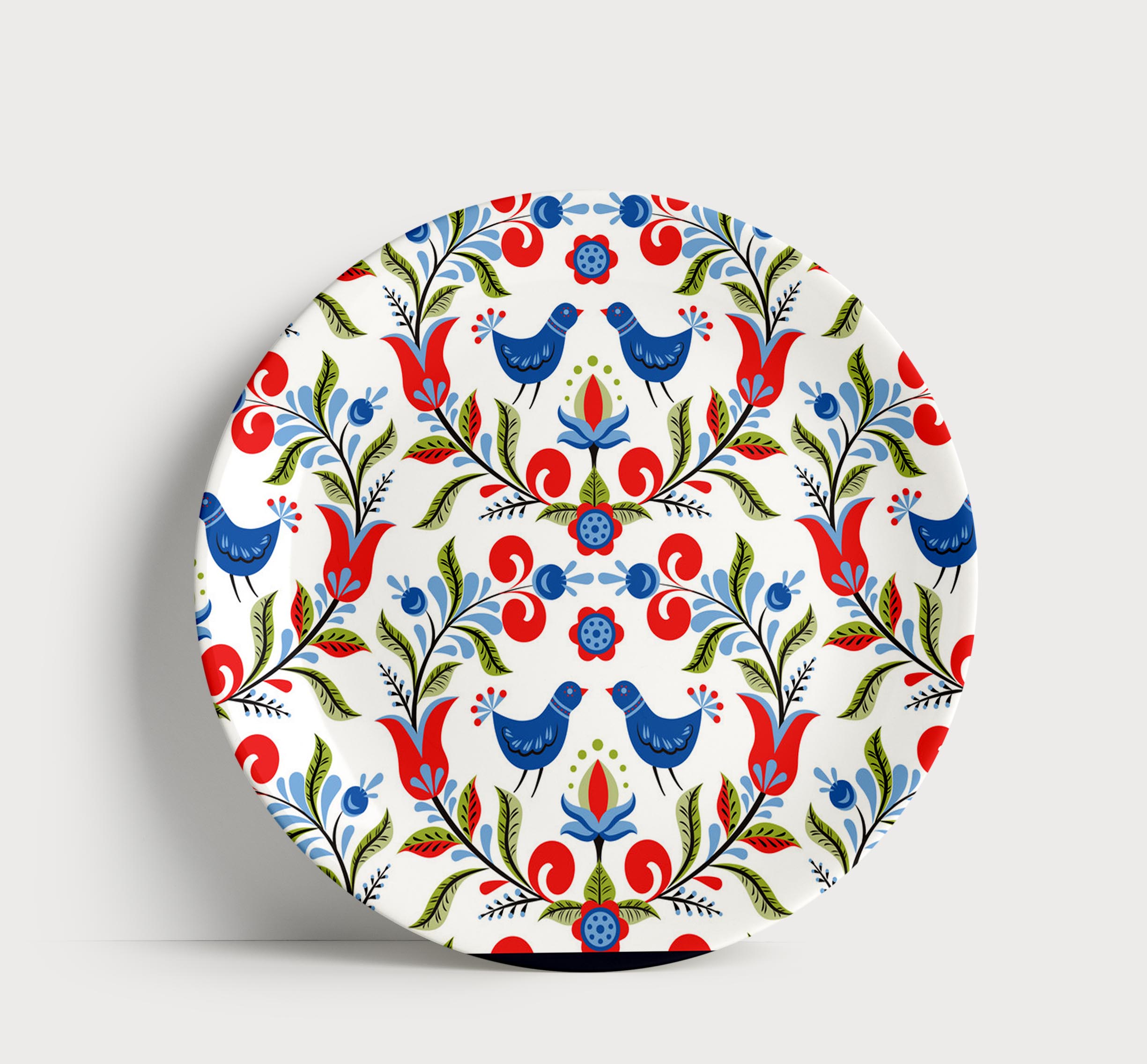 Prato Porcelana Pássaros Folk Azul Vermelho Decoração Artesanal