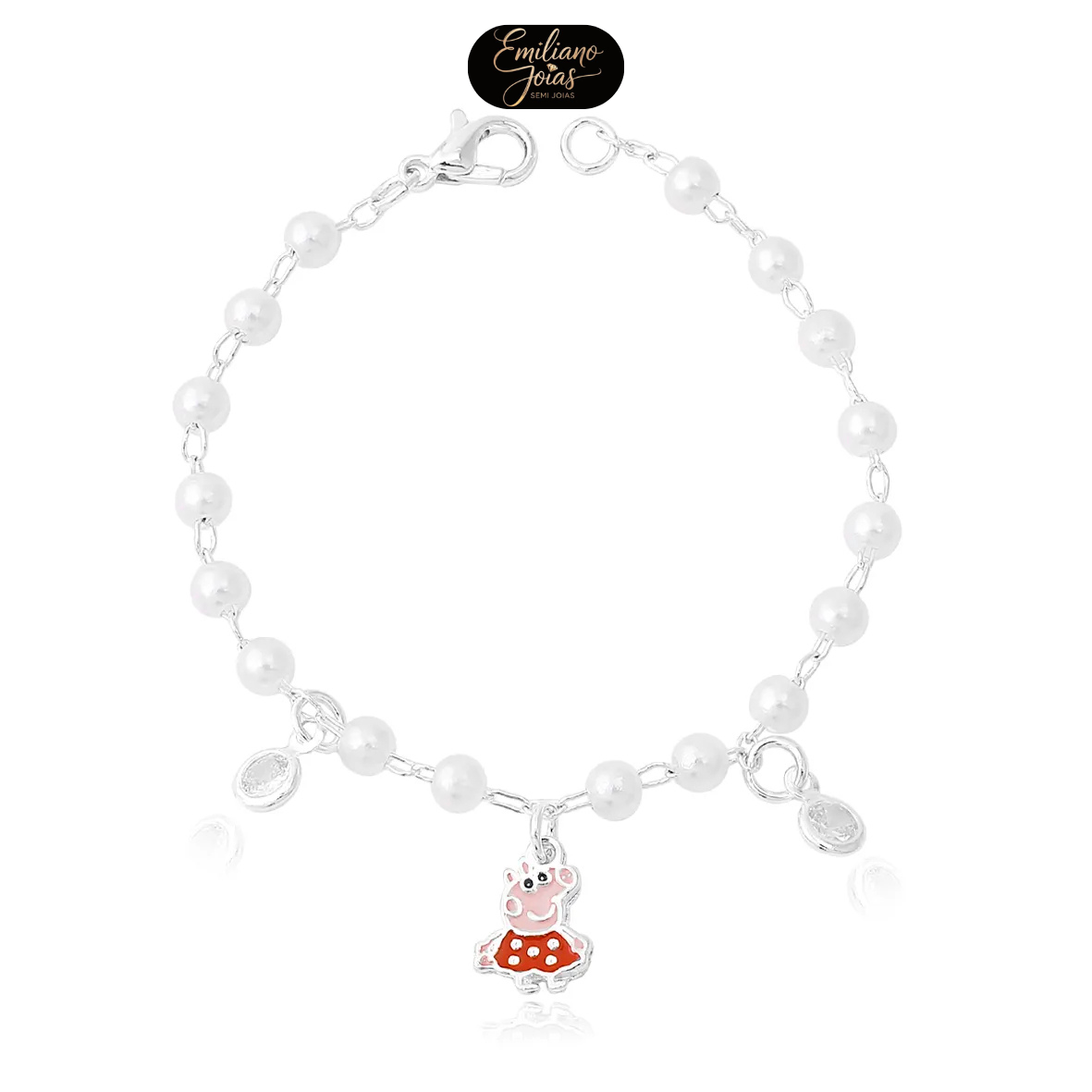 Pulseira Infantil com Pérola Peppa Pig Resina e Zircônia Folheado Prata 1000