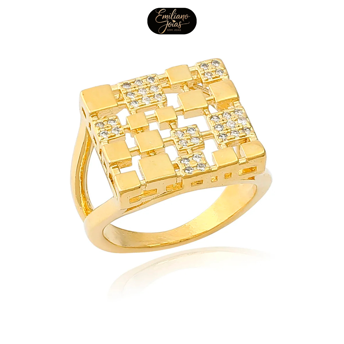 Anel Largo Detalhe Quadrado com Zircônias Folheado Ouro 18k