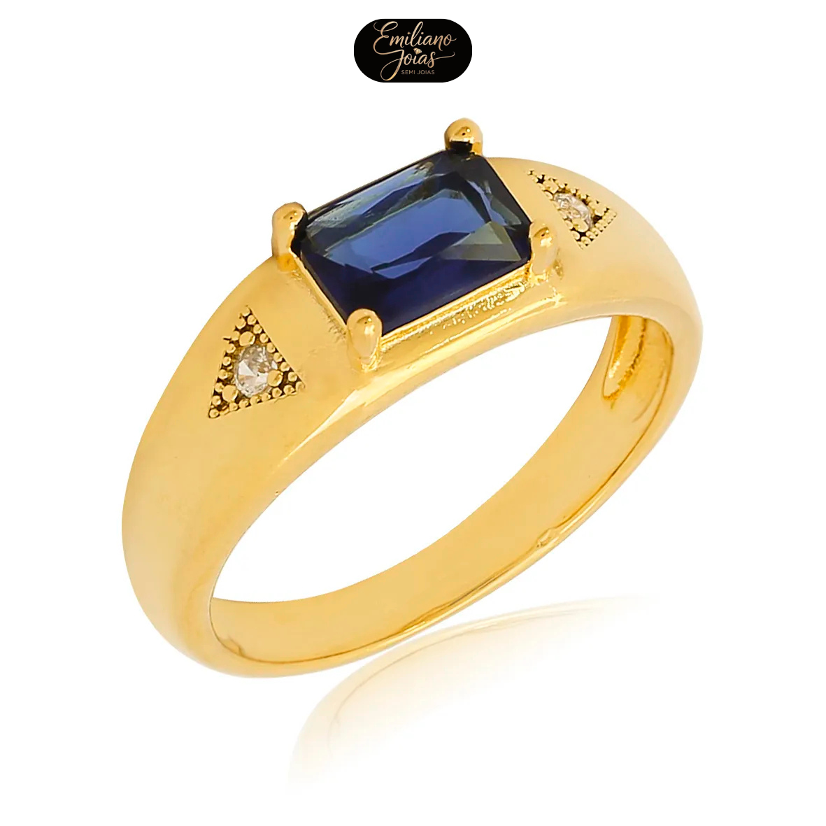 Anel Largo Pedra Central Retangular Zircônia Folheado Ouro 18k