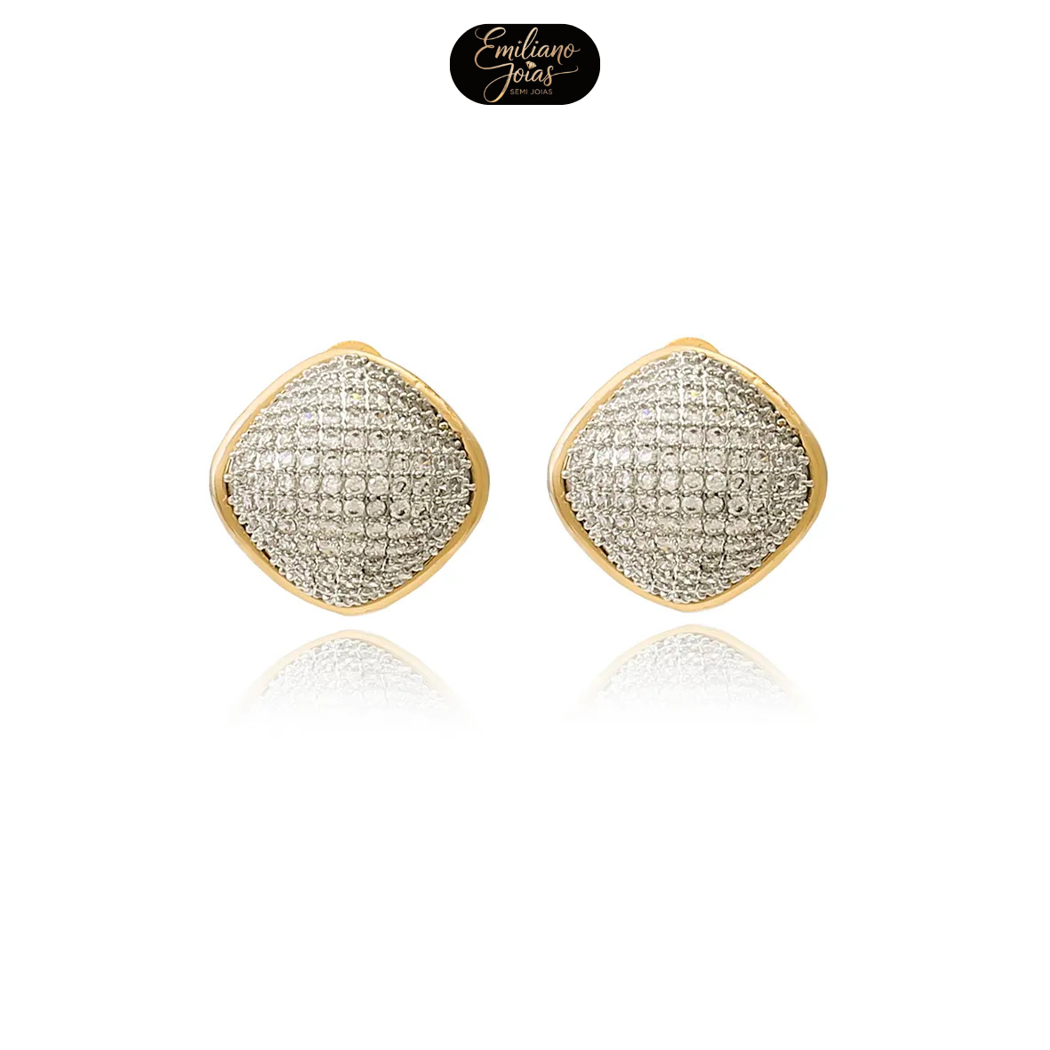 Brinco Quadrado Cravejado Zircônias Detalhe Ródio Folheado a Ouro 18k