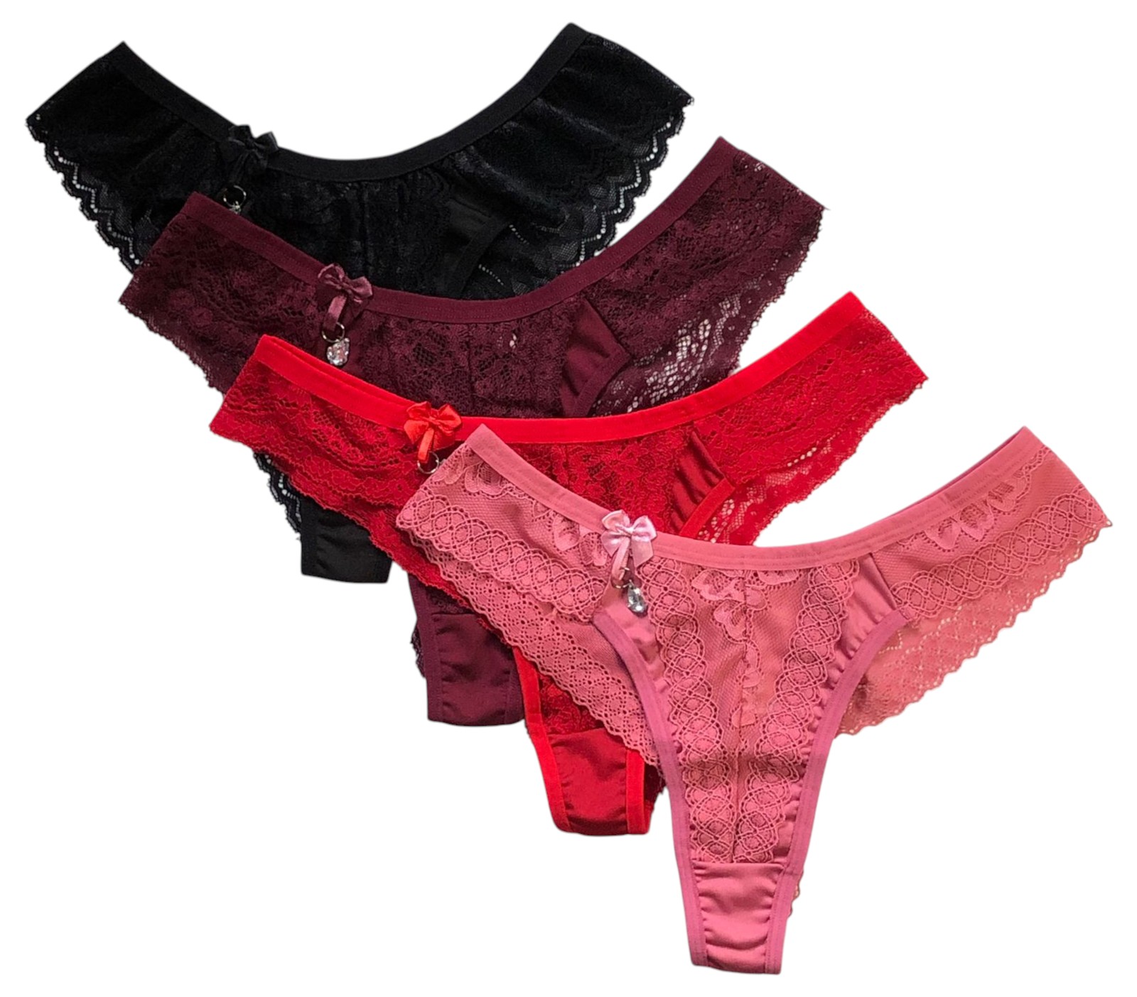 Tangas Fio Dental em Renda com Babado na Cintura e Pingente Charmoso