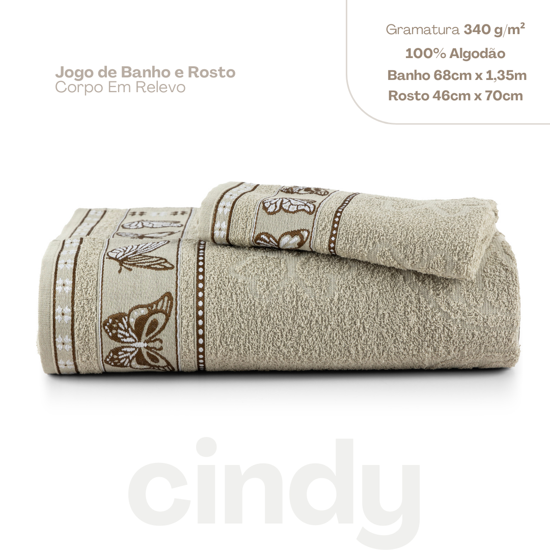 Jogo de Toalhas Cindy 2 Peças   100% Algodão com Desenhos de Borboletas e Toque Macio