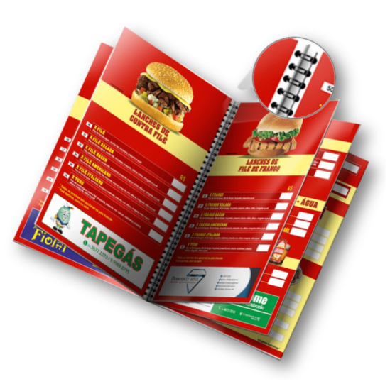 Cardápio plastificado com encadernação