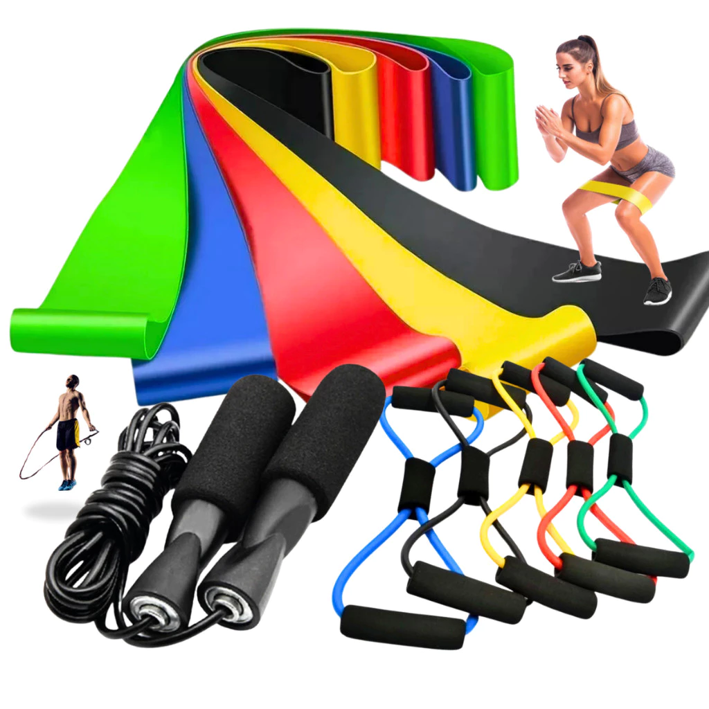 Kit Treino Completo em Casa   Elásticos Extensores, Cross Tube e Corda de Pular