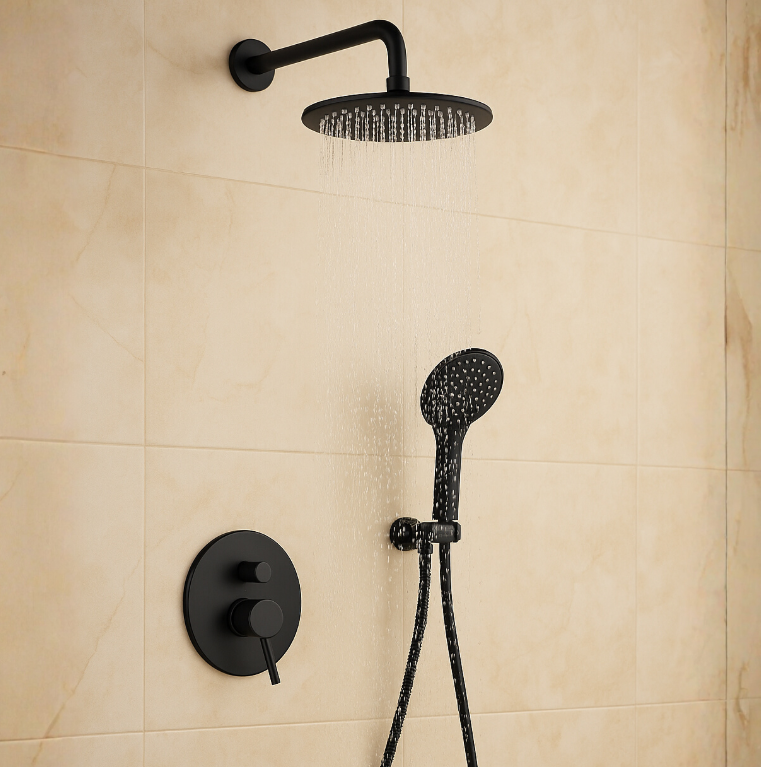 Conjunto de Chuveiro Redondo com Ducha e Registro - Preto Fosco 25x25