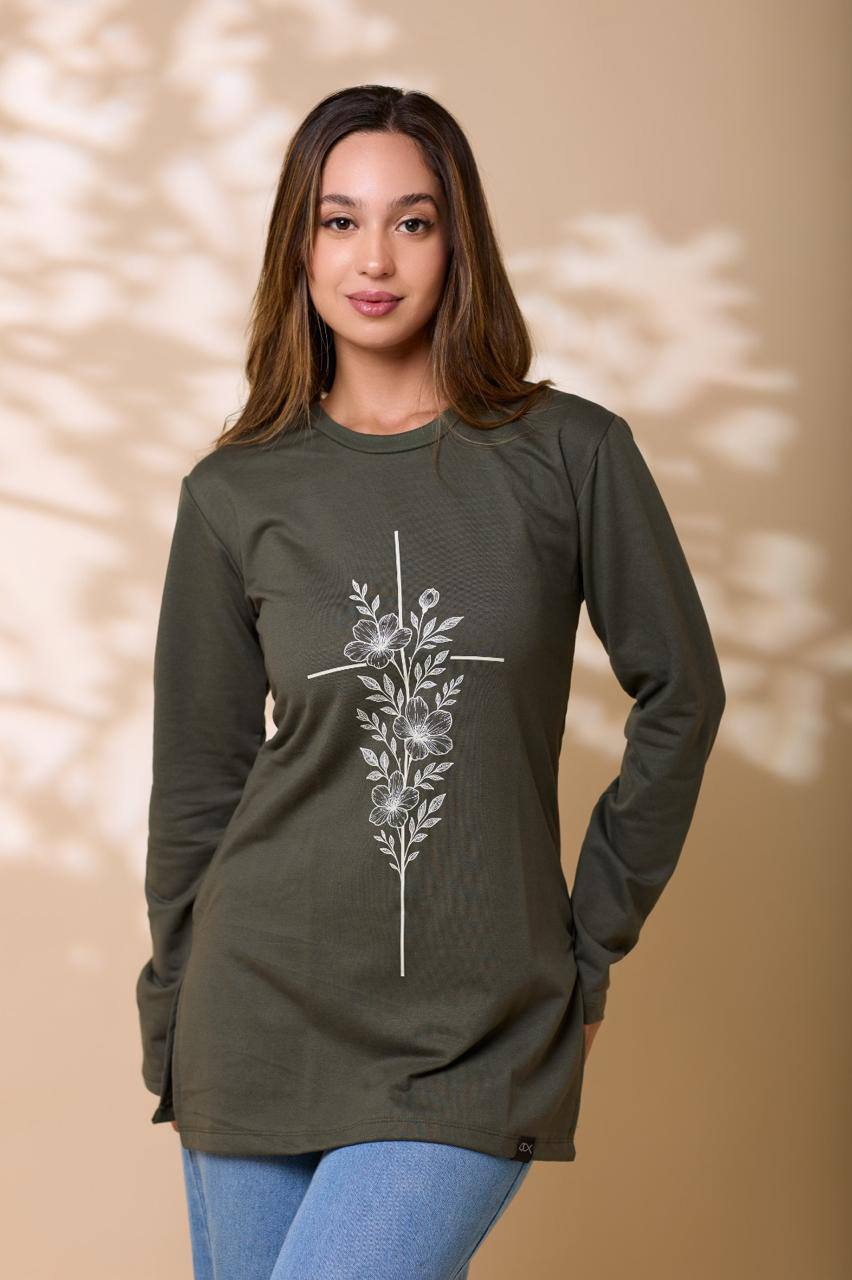 MOLETOM LONG FEMININO CRUZ FLORAL