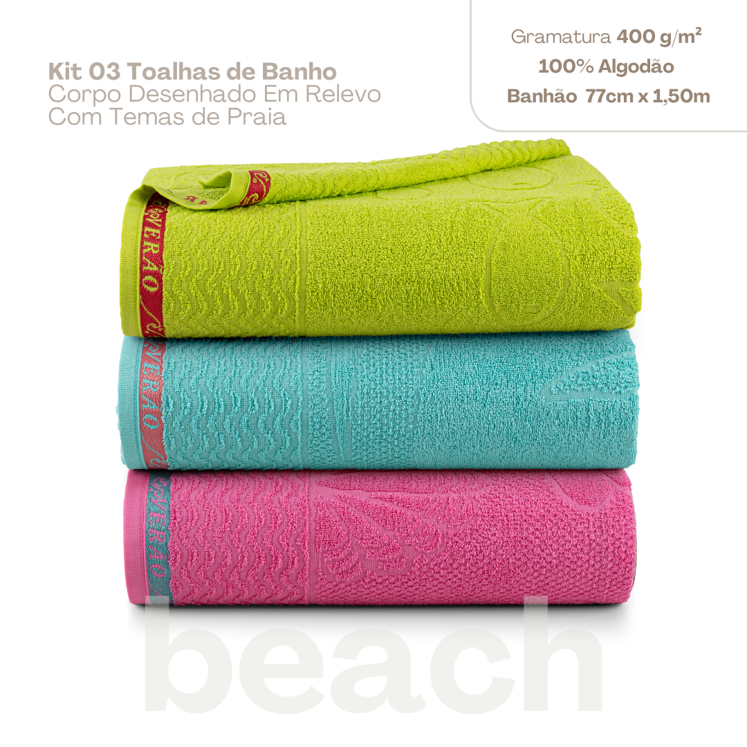 Kit 3 Toalhas de Banho Beach 400g 1,50x77cm Praia e Piscina
