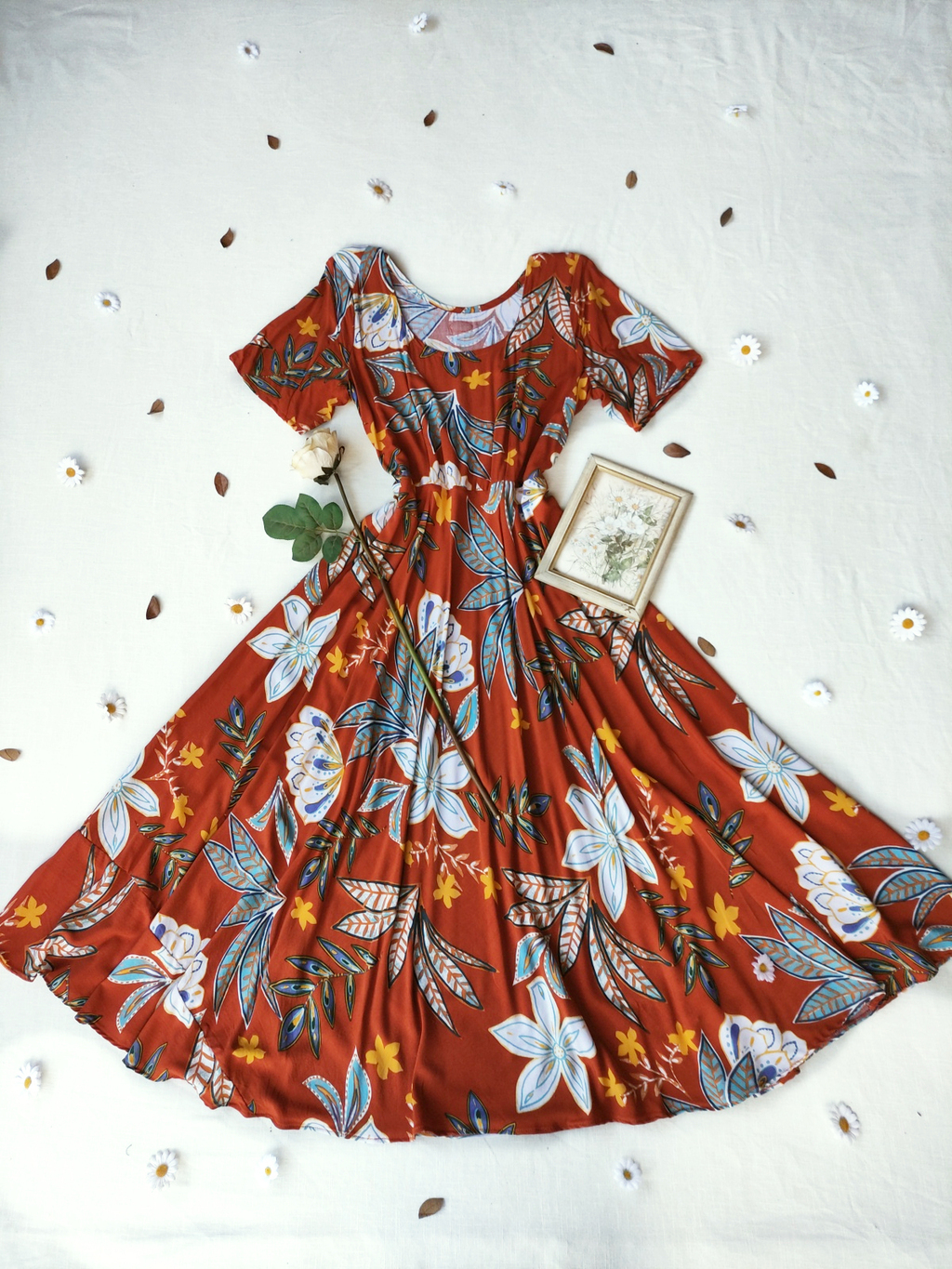 Vestido longo godê terracota floral - GG
