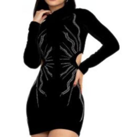 Vestido Curto Veludo Manga Longa Strass