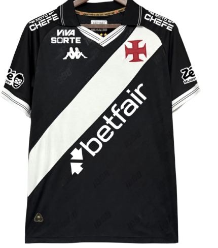 Camisa Vasco 25/26 Preta com Listra Tansversal Branca - Todos os Patrocínios -