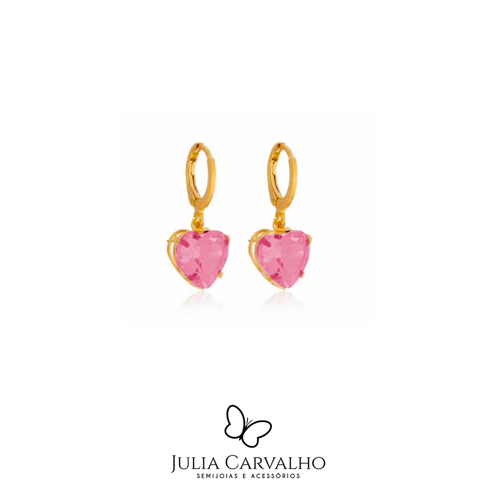 Brinco Argolinha Coração Cristal Rosa