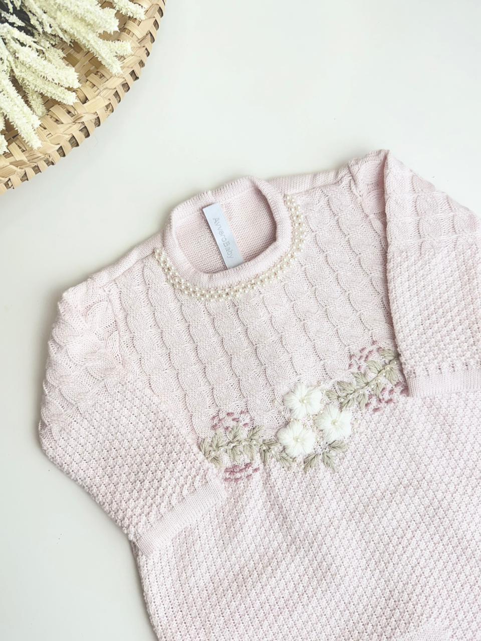 Macacão Tricô Bordado Flora Rosa