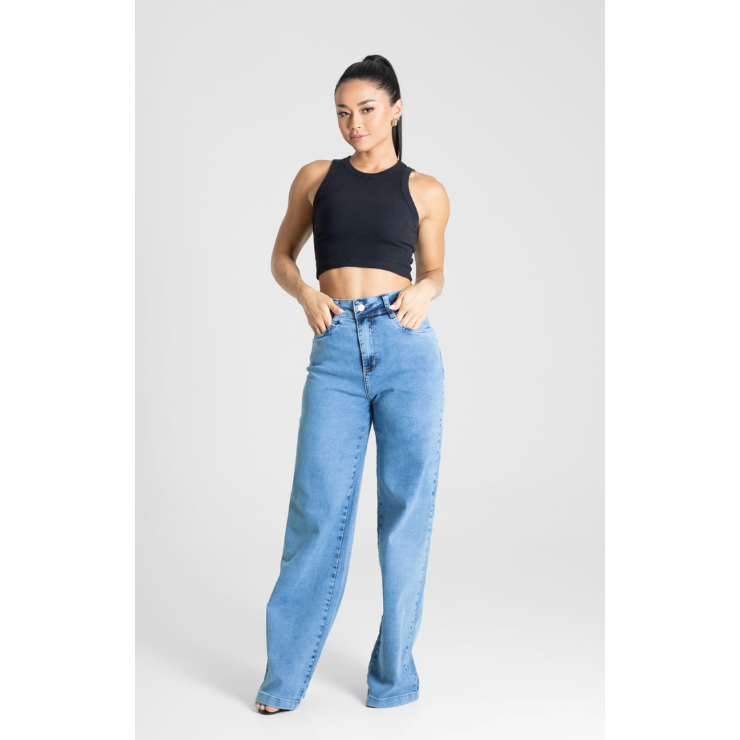 Calça Jeans Wide Leg Sawary com Lycra   Cintura Alta