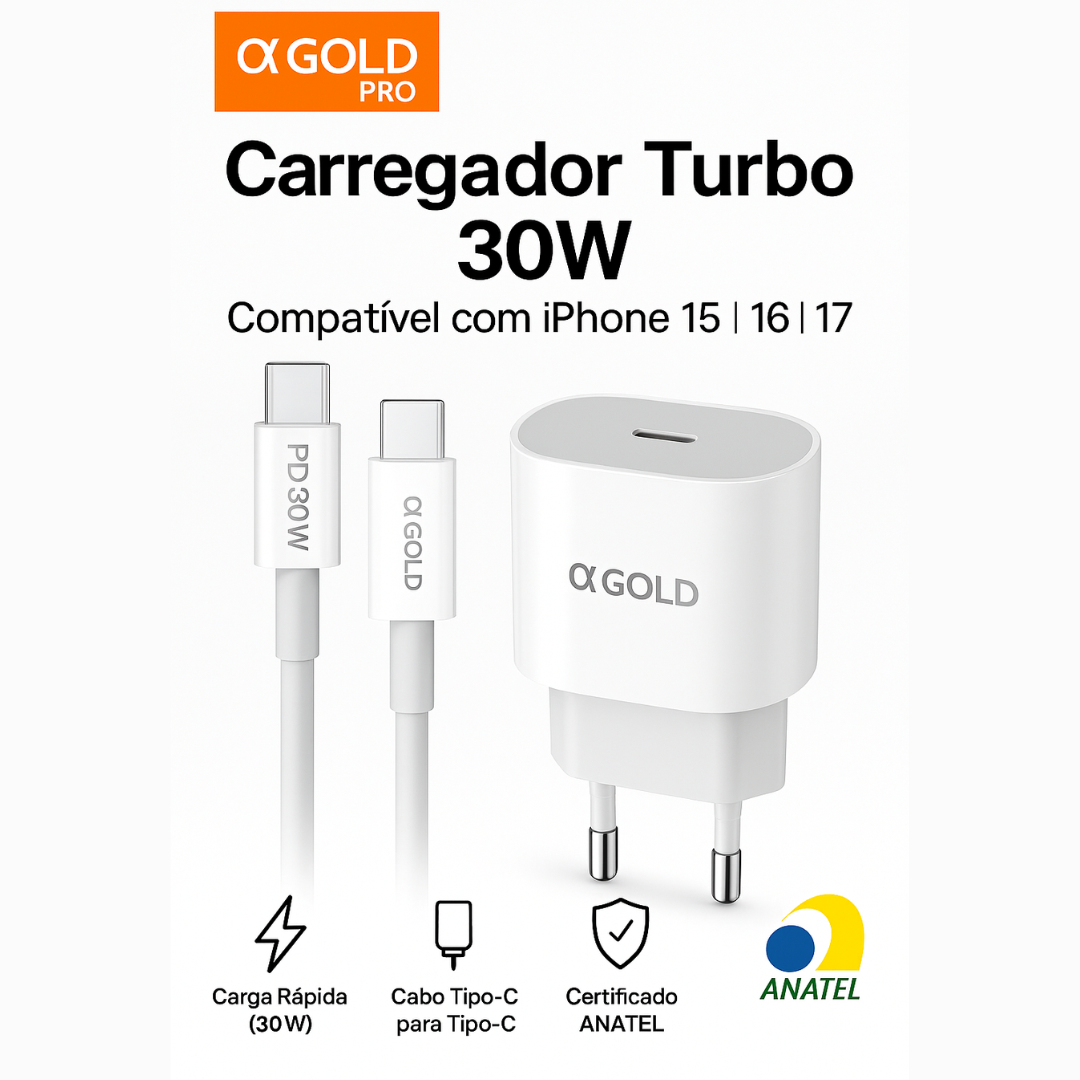 Carregador Turbo Tipo C para Tipo C 30W iPhone 15, 16 e 17 - Fonte + Cabo