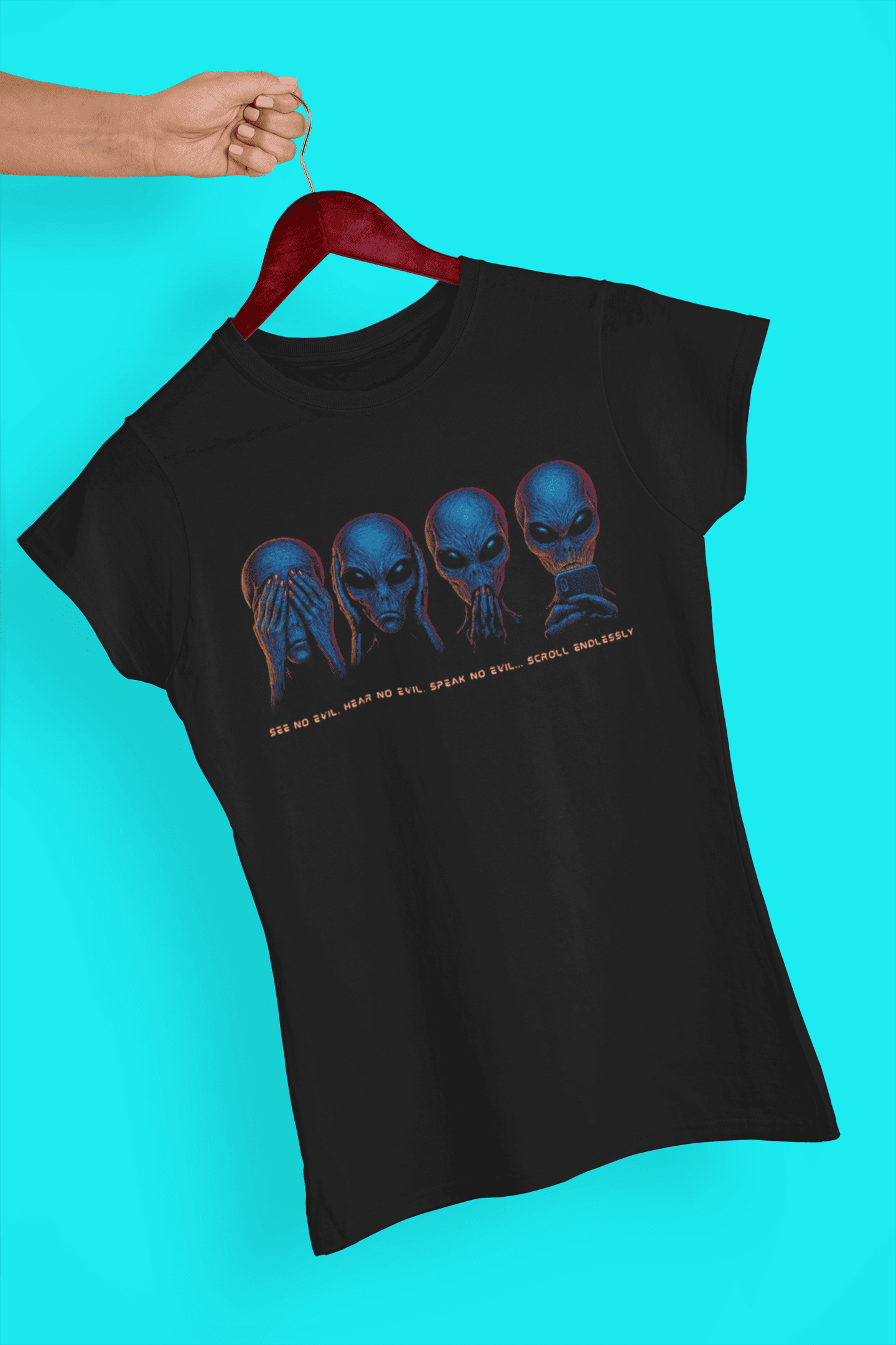 Camiseta Feminina Não veja o mal, não ouça o mal, não fale o mal... role sem parar ( Estampa em DTF TÊXTIL)