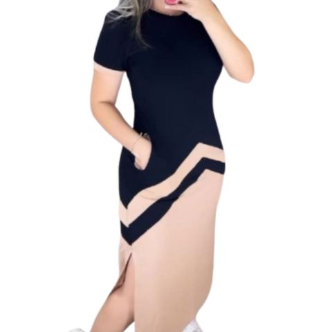 Vestido Midi Manga Curta Bolso Lateral