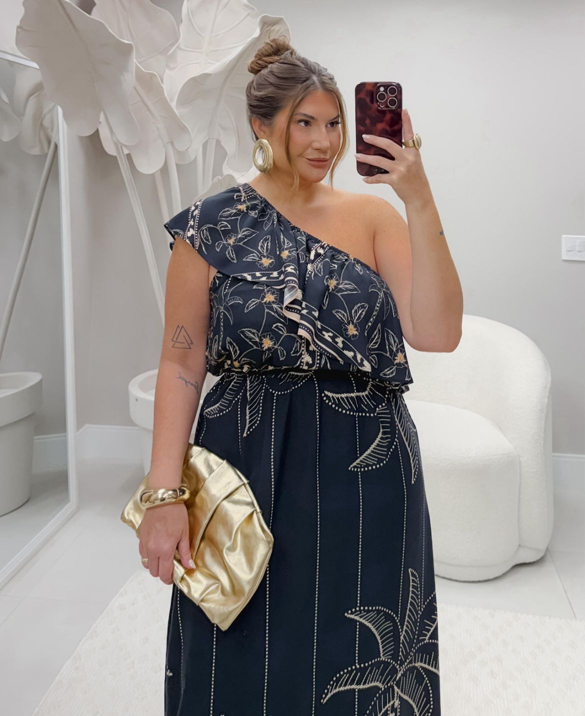 Vestido Longo Plus Size Um Ombro Só - Estampado Tropical Elegante - Kvkmodas Fashion