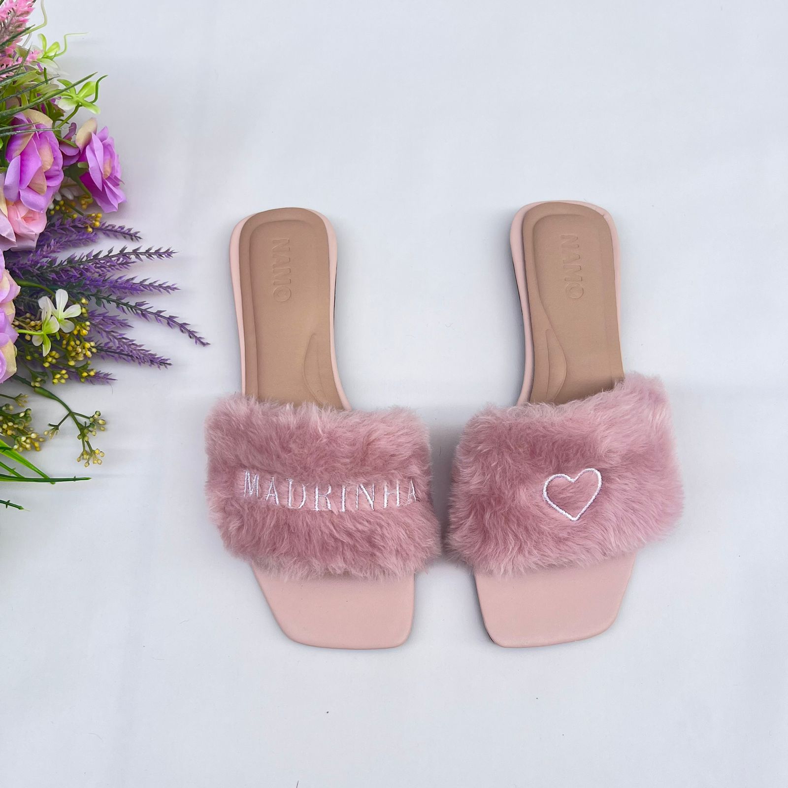 Rasteira Pantufa Personalizada Madrinha - Com Coração e Bordado Delicado