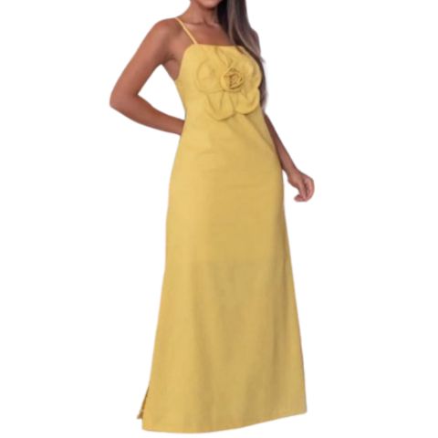 Vestido Longo Flor no Busto Linho Alcinha