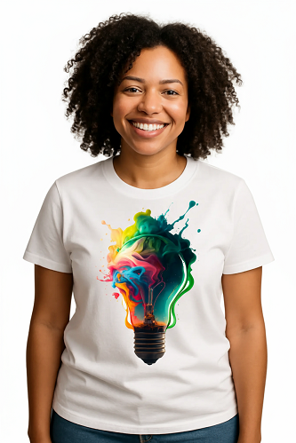 Camiseta Tradicional, Gola Redonda, Casual com Estampa Idéias Coloridas.