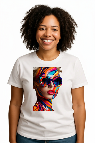 Camiseta Tradicional, Gola Redonda, Casual com Estampa Bela em Cores