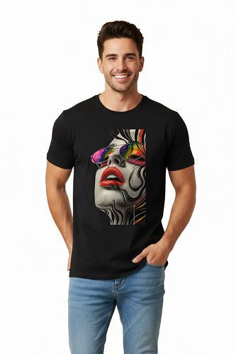 Camiseta Tradicional, Gola Redonda, Casual com Estampa Mulher Colorida