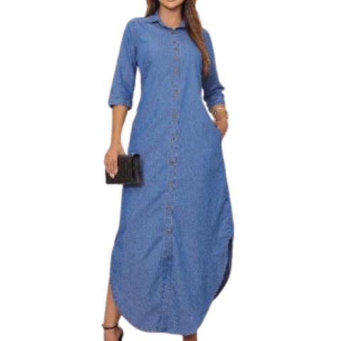 Vestido Longo Jeans Fino com Bolso