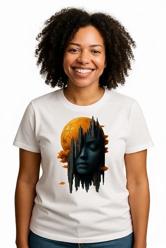 Camiseta Tradicional, Gola Redonda, Casual com Estampa Surreal