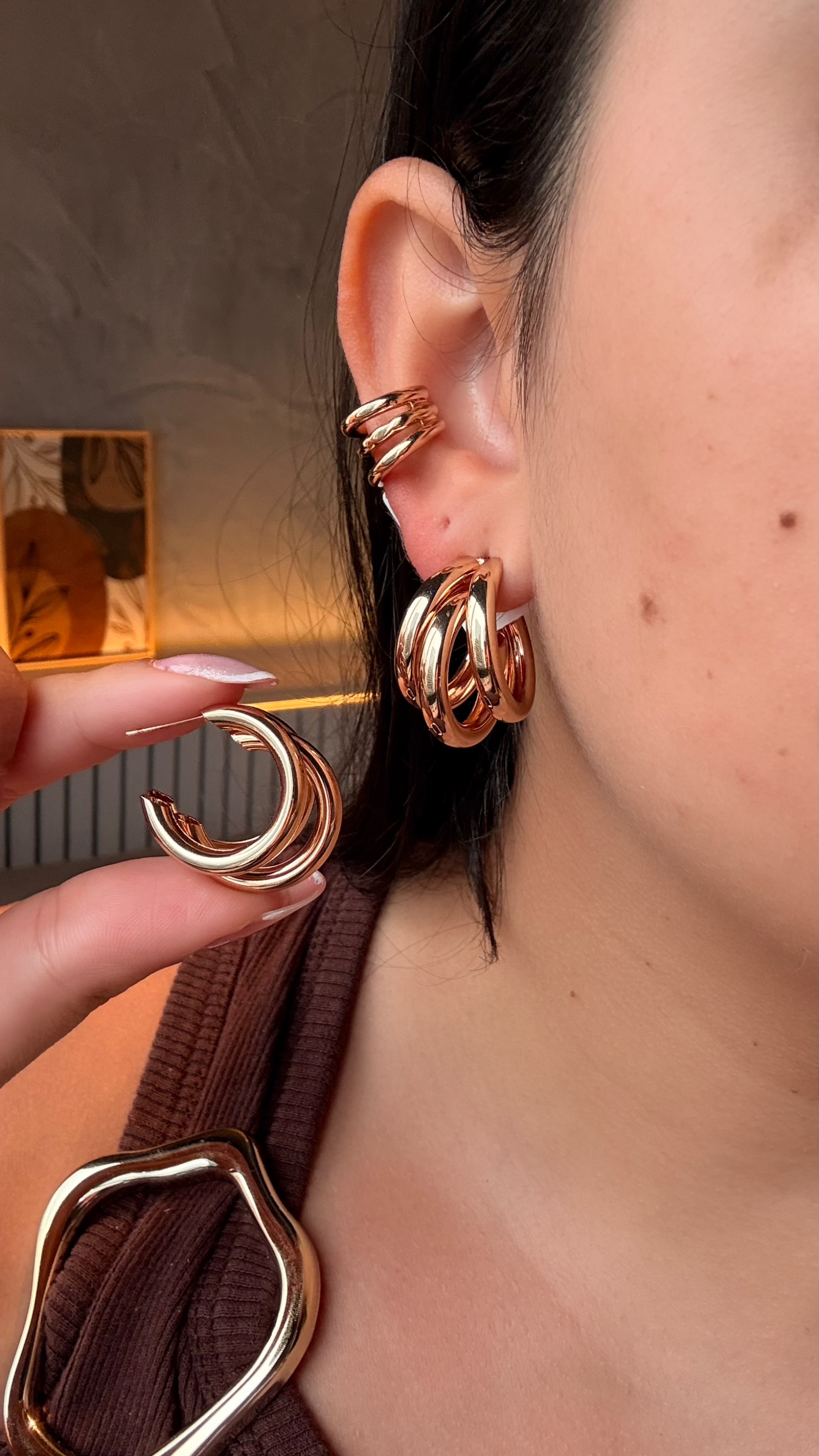 Argola Tubo Triplo - Banho Ouro