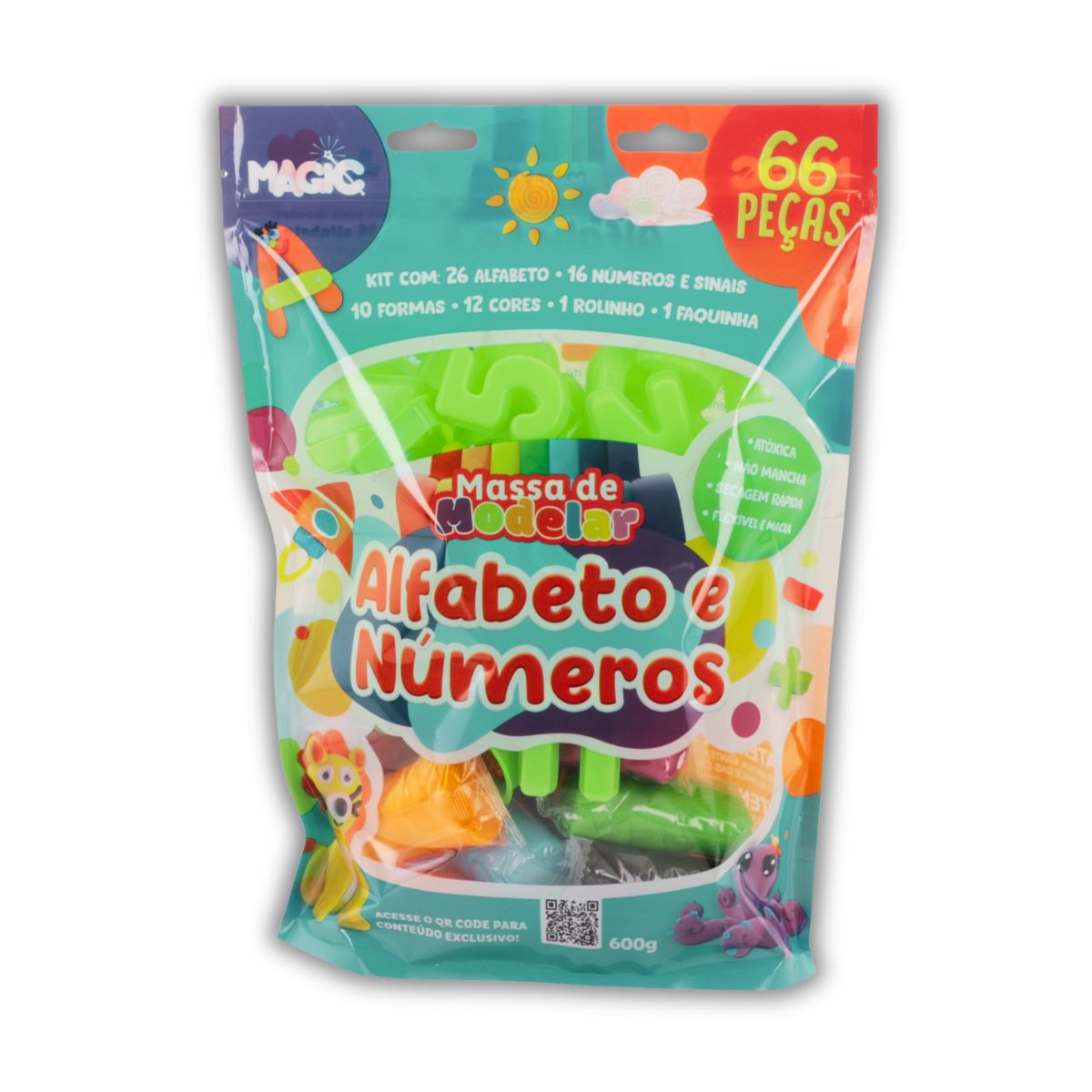 Massinha de modelar alfabeto, números e sinais com 66 peças