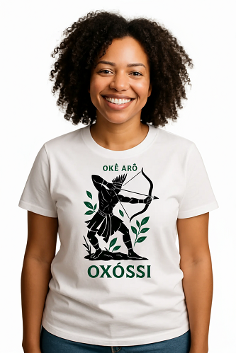 Camiseta Tradicional, Gola Redonda, Casual com Estampa Okê Arô Oxossi