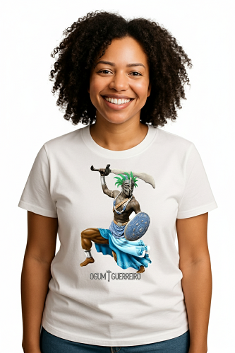 Camiseta Tradicional, Gola Redonda, Casual com Estampa Ogum Guerreiro