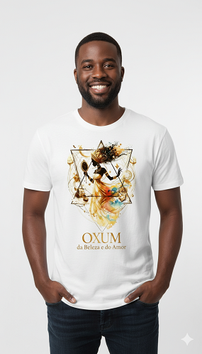 Camiseta Tradicional, Gola Redonda, Casual com Estampa Oxum da Beleza e do Amor