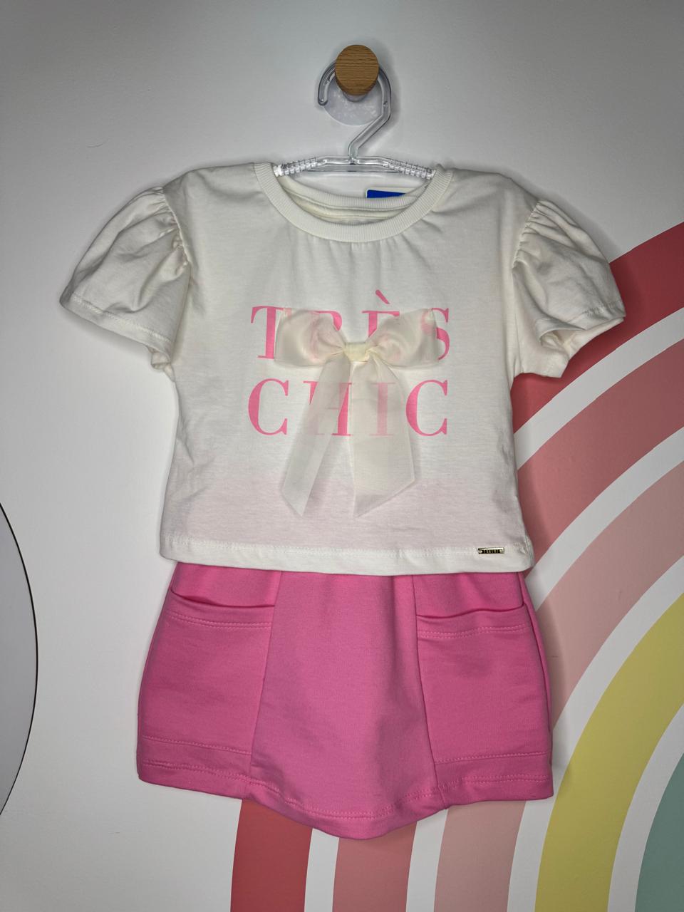 Conjunto três chic rosa laço