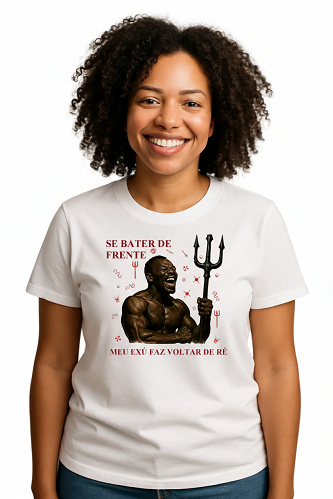 Camiseta Tradicional, Gola Redonda, Casual com Estampa Exú Proteção