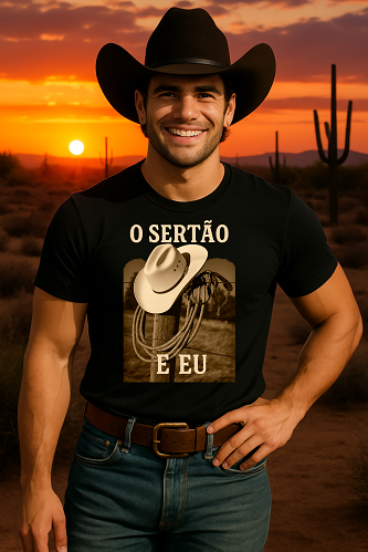 Camiseta Tradicional, Gola Redonda, Casual com Estampa O Sertão e Eu