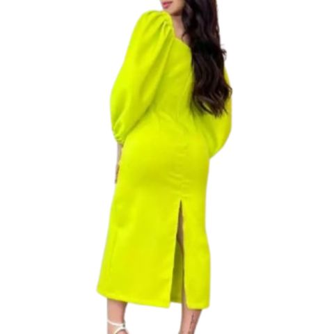 Vestido Mídi Crepe Mangas Bufantes Elegante