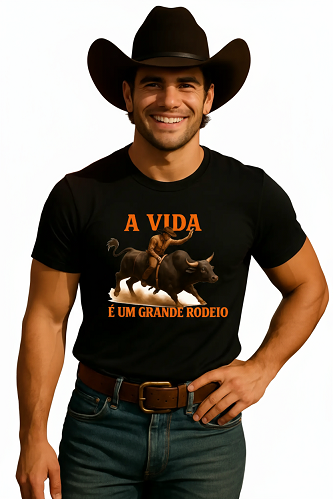 Camiseta Tradicional, Gola Redonda, Casual com Estampa A Vida é um Rodeio