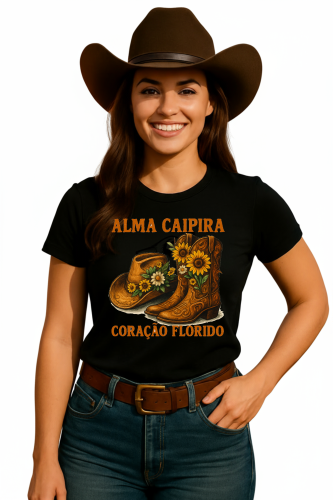 Camiseta Tradicional, Gola Redonda, Casual com Estampa Coração Florido