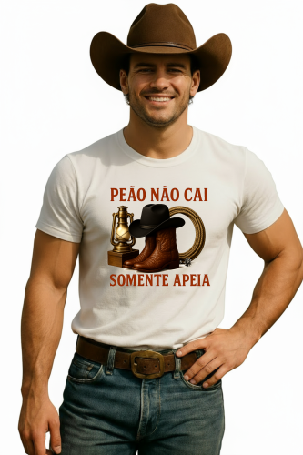 Camiseta Tradicional, Gola Redonda, Casual com Estampa Peão Apeia