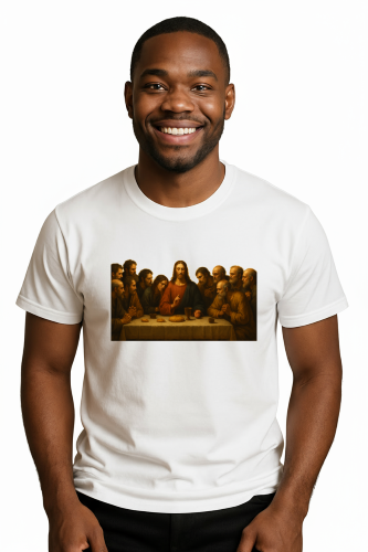 Camiseta Tradicional, Gola Redonda, Casual com Estampa Santa Ceia