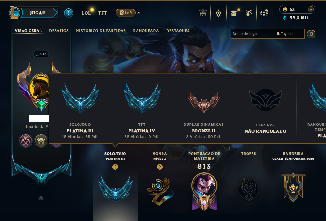 Platina 3 com TODOS os Champs e 187 Skins ( ADC / JG / MID / TOP ) - (Nivel 541)