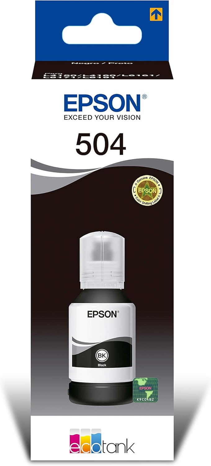 Refil de Tinta Original Epson T504 Preto 127ml L4150 L4160 L6171 Secagem Instantânea Alto Rendimento